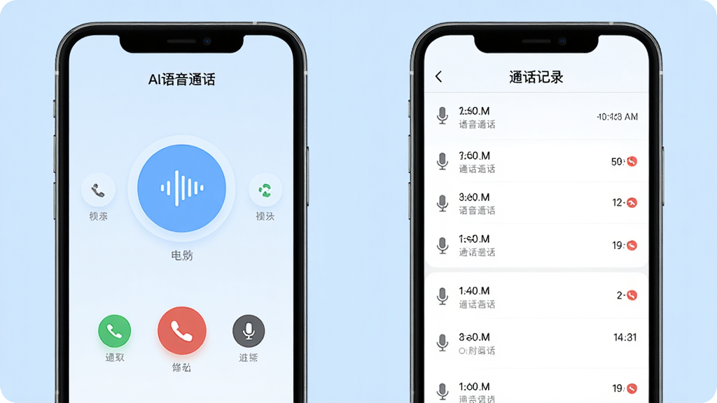 画面展示“AI语音通话”应用主界面与通话记录页面的双屏展示,左侧为通话按钮界面,右侧为记录列表;布局为两部手机并排居中;风格为清爽UI展示风,浅蓝背景;细节包括圆形按钮、声波图标、时间列表、麦克风标志;画质高清,画面干净,无多余元素
