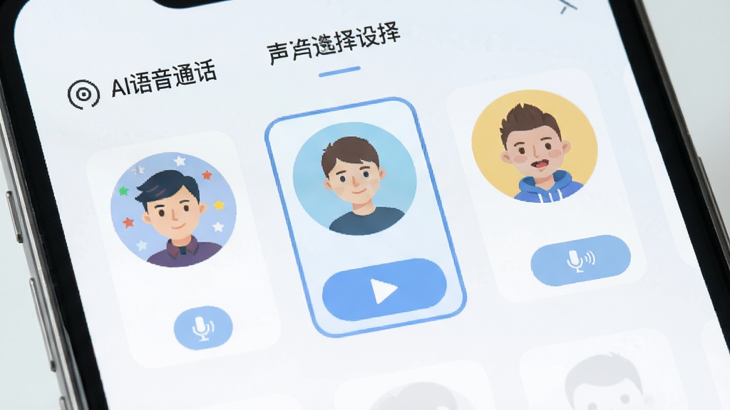 画面展示“AI语音通话”应用的声音选择设置界面,屏幕上排列多个不同风格的头像图标代表不同音色,旁边有试听按钮;布局为手机界面特写居中;风格为清新扁平UI设计风,浅色背景;细节包括音色头像、播放按钮、选中高亮框;画质高清,画面干净,无多余元素