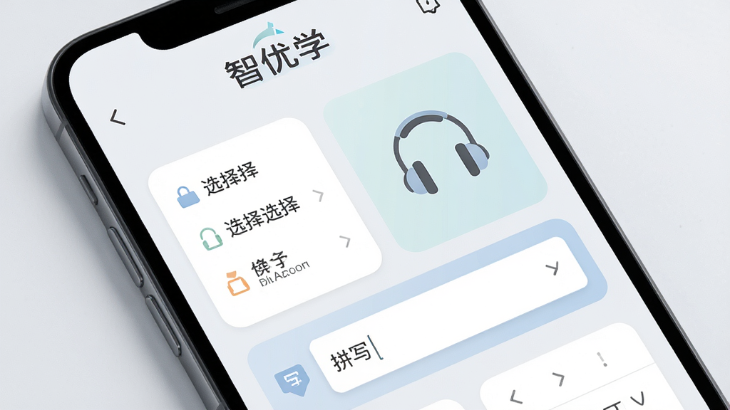 画面展示手机屏幕内多个练习模块并列排布,包括选择题卡片、听力耳机图标与拼写输入框,屏幕上方显示“智优学”标识,界面配色柔和,背景为浅灰白色,整体风格清新规整,细节丰富,画质清晰,干净无杂乱元素