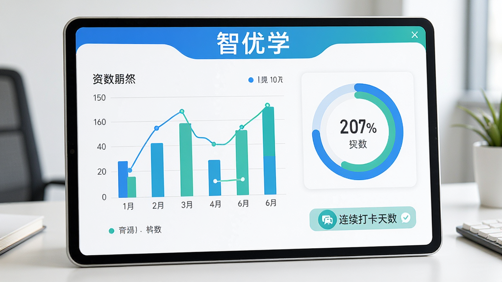 画面中央是一块数据看板,看板上方标注“智优学”,看板内包含柱状图、环形进度圈与连续打卡天数标识,数据线条清晰,配色为蓝绿相间,背景为浅色办公桌面环境,风格商务简洁,细节到位,画质干净,无多余元素