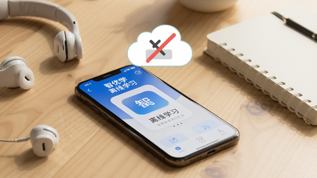 画面展示一部手机放置于桌面,屏幕显示“智优学”离线学习界面,旁边有耳机与笔记本作为场景点缀,手机上方漂浮一个云朵带斜杠的离线图标,背景为温暖的浅木色桌面,风格生活化,构图简洁,画质清晰,干净无多余元素