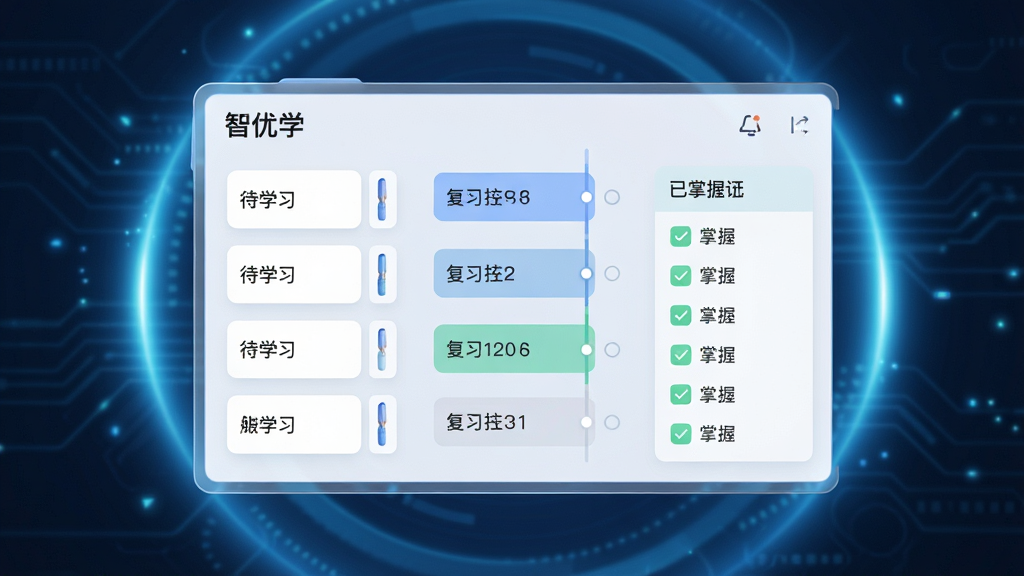 画面中心是一块悬浮的智能日程面板,面板上标注“智优学”名称,面板内以时间轴形式排列单词复习任务,左侧是待学习词汇卡片,右侧是已掌握词汇打勾列表,背景为淡蓝色科技感光晕,风格现代简约,细节清晰,画质干净,无多余装饰元素