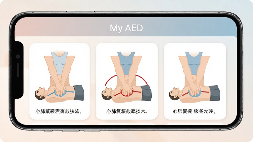 һ�� My AED ����֪ʶҳ��Ľ���ʾ��ͼ���ֻ���Ļ����ʾ�ķθ��ղ���ͼ�Ŀ�Ƭ�����м������尴ѹλ��ʾ��廭��ҳ�涥����ע��My AED������������ɫ����ͣ��Ű����룬���ʸɾ�������Ԫ��