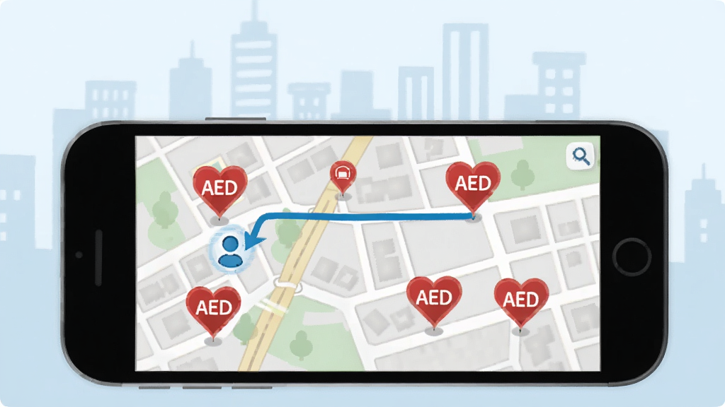 һ������ My AED ��ͼ��λ���ܵĲ廭��������һ���ֻ���ʾ���н�����ͼ����ͼ���ж����ɫ������ AED ��ʶ�㣬һ����ɫ·�ߴ��û�λ��ָ������豸������Ϊǳɫ���м�Ӱ��������ִ������������ɾ�