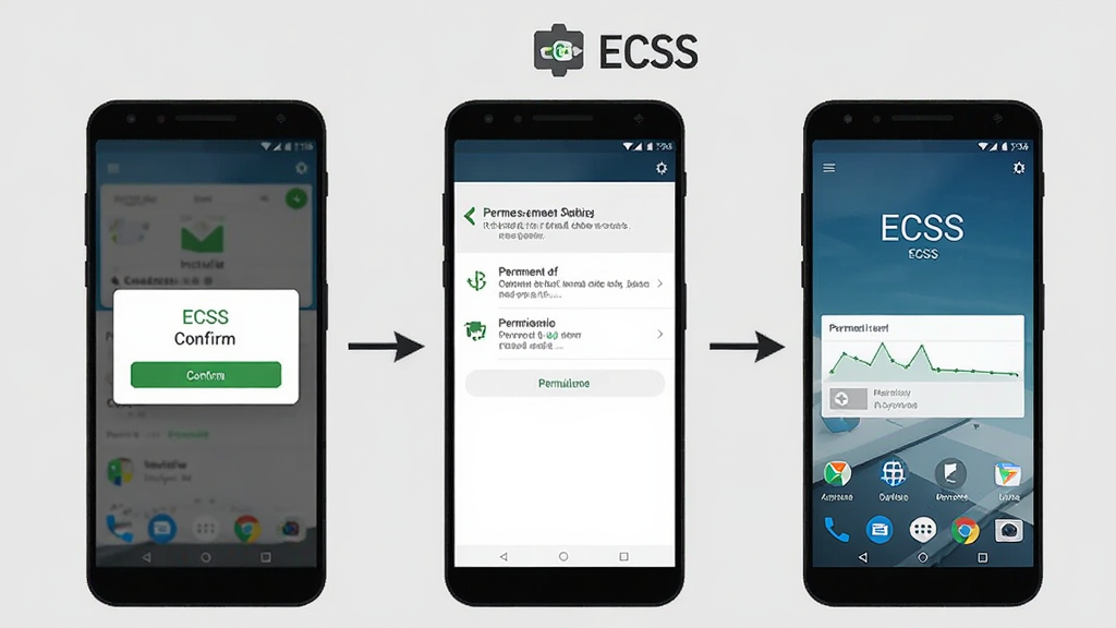 һ��չʾECSS�ڰ�׿�ֻ��ϰ�װ���������̵�ʾ��ͼ�������Ϊ�������ŵ��ֻ���Ļ���ֱ���ʾ��װȷ�ϵ�����Ȩ����������������棬��Ļ֮���ü�ͷ���ӣ�����Ϊǳ��ɫ�������ֱ�ۣ���ע��ECSS�������������������ɾ��޶���Ԫ��