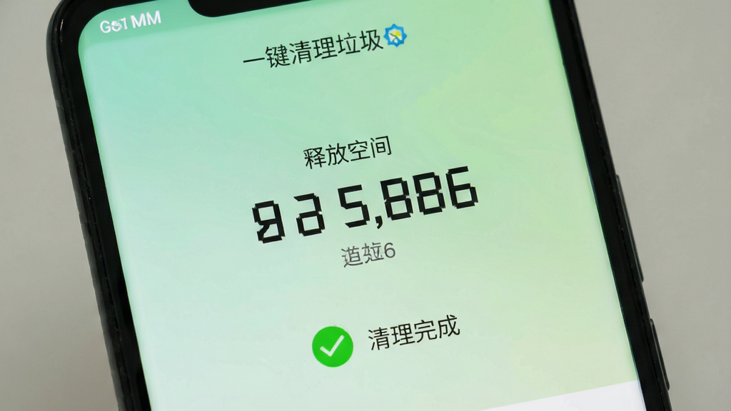 一部安卓手机屏幕显示“一键清理垃圾”软件清理完成后的结果页面,中央显示释放空间的具体数值,下方有对勾图标与“清理完成”字样,背景为浅绿色渐变,界面简洁明快,画质清晰,干净无多余元素
