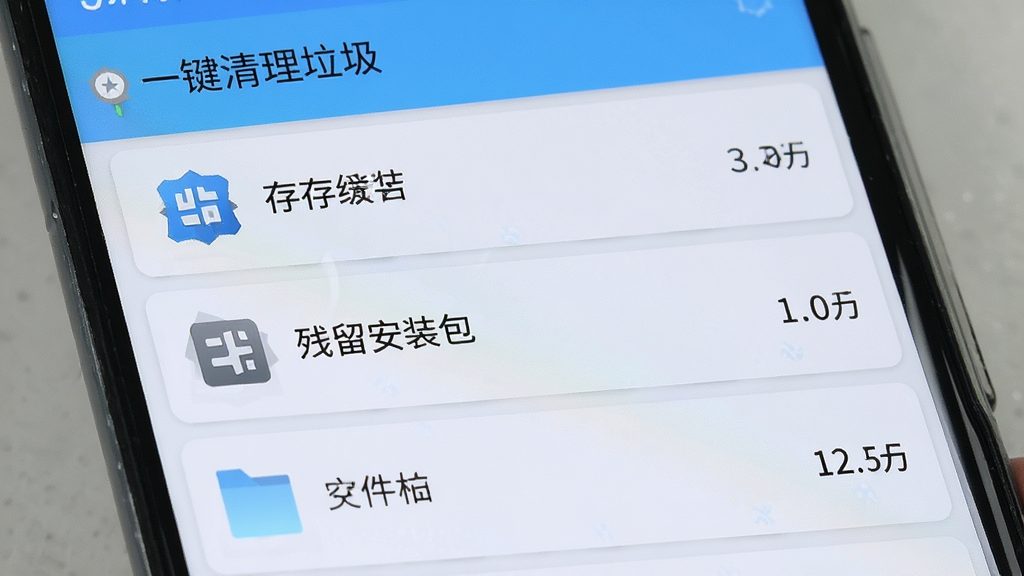 安卓手机屏幕显示“一键清理垃圾”软件的扫描结果页面,列表按占用大小排列缓存文件、残留安装包、空文件夹等项目,每项右侧显示具体体积数字,界面采用卡片式布局,浅色背景,风格清爽简洁,画质清晰,干净无多余元素