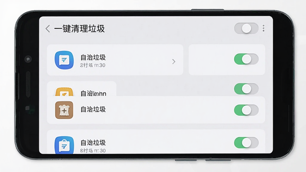 安卓手机屏幕展示“一键清理垃圾”软件的后台自启管理界面,列表中排列着多个应用图标与自启开关按钮,部分开关处于关闭状态,界面采用分组卡片设计,配色柔和,风格现代,画质清晰,干净无多余元素