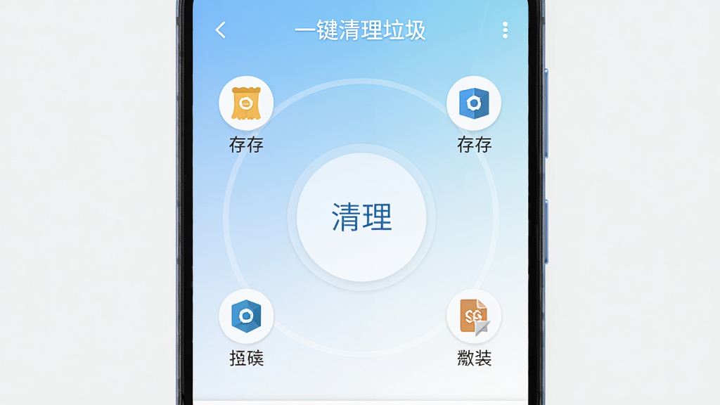 一部安卓手机屏幕中央显示“一键清理垃圾”软件主界面,界面干净清爽,中央是一个大号圆形清理按钮,周围环绕缓存文件、安装包、日志等小图标,背景为浅蓝到白色的渐变,整体风格简约现代,扁平化设计,画质清晰,干净无多余元素