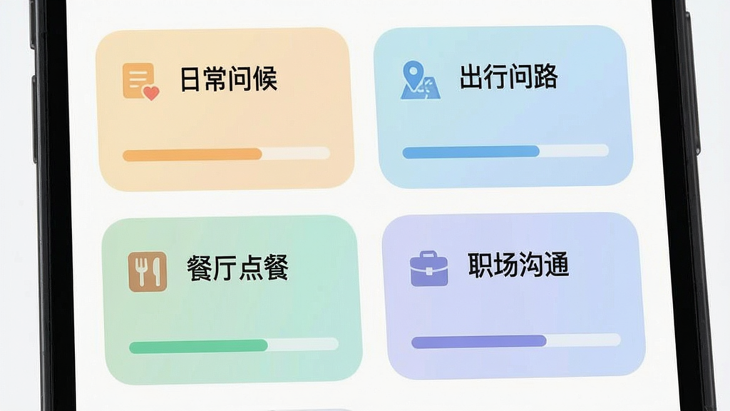 主体为手机屏幕内展示多个卡片式场景模块,卡片上分别标注“日常问候”“出行问路”“餐厅点餐”“职场沟通”等文字,卡片采用圆角矩形设计,配色柔和,布局为两列网格排列,风格清新简约,细节上每张卡片带有小图标与进度条,画质清晰干净,无多余元素