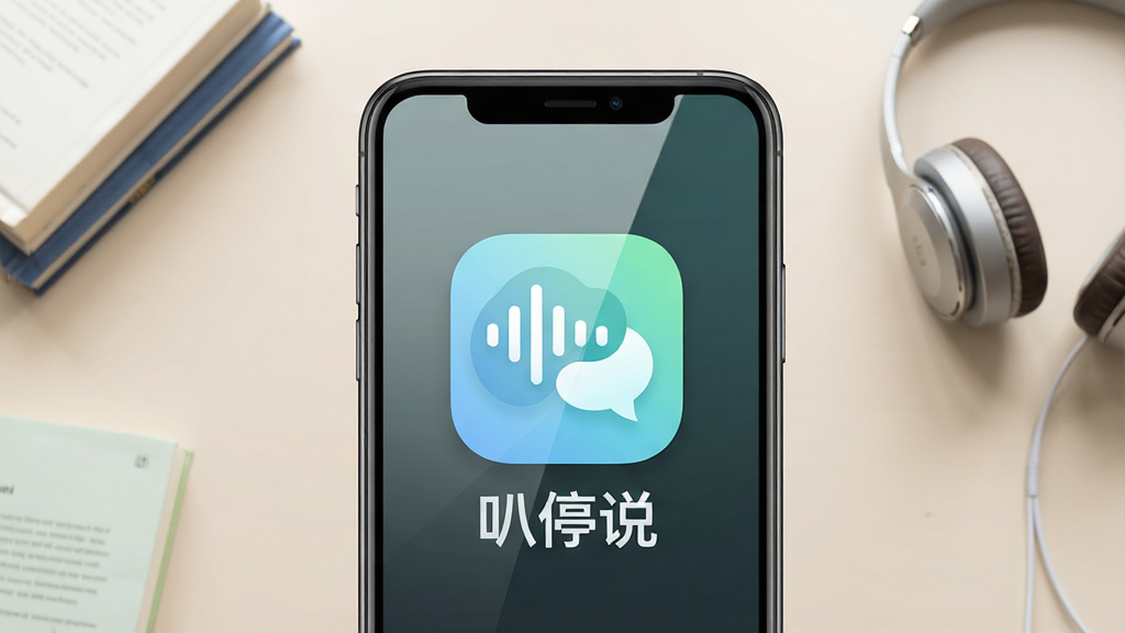 主体为一款手机应用界面展示,手机屏幕中央显示“叭停说”应用图标与名称,图标采用柔和的蓝绿色渐变圆形设计,内部带有声波与对话气泡组合图形,背景为浅色桌面环境,周围点缀少量书本与耳机元素,布局简洁居中,风格清新现代扁平化,细节上屏幕反光自然、图标边缘圆润,画质清晰干净,无多余元素