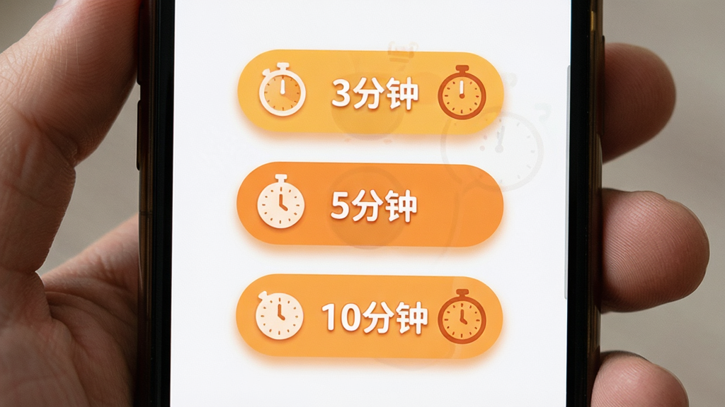 主体为手机屏幕展示短时练习选择界面,屏幕中央显示“3分钟”“5分钟”“10分钟”三个时间选项按钮,按钮采用胶囊形状,配色温暖,布局居中排列,风格轻快友好,细节上按钮带有微阴影与图标点缀,画质清晰干净,无多余元素