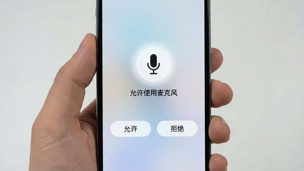 主体为手机屏幕展示权限设置引导页面,屏幕中央显示麦克风图标与“允许使用麦克风”提示文字,下方为“允许”与“拒绝”两个按钮,背景为浅色渐变,布局简洁居中,风格引导页清晰风,细节上图标带有柔和光晕、按钮圆角明显,画质清晰干净,无多余元素