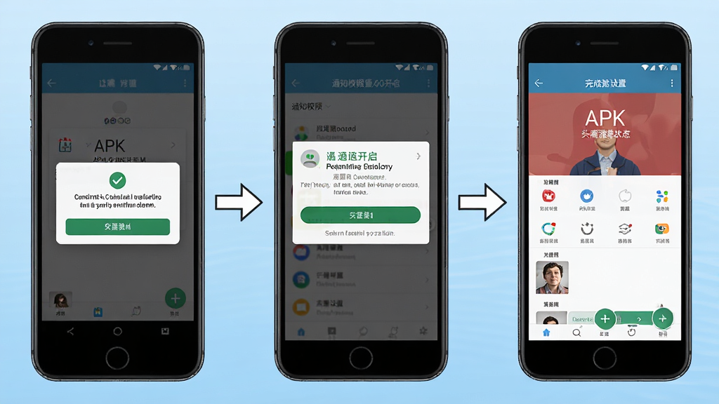 一张展示头痛日记应用安装与设置流程的示意图,画面分为三个并排的手机屏幕,左侧屏幕显示APK安装确认弹窗,中间屏幕显示通知权限开启界面,右侧屏幕显示应用首页完成设置后的状态,三个屏幕之间用箭头连接,背景为浅蓝色渐变,整体风格教程化、清晰直观,画质干净,无多余装饰