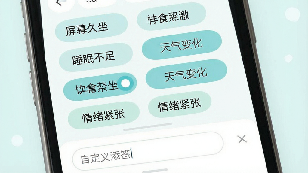 一张展示头痛日记诱因标签管理界面的示意图,手机屏幕内显示标签选择区域,多个圆角标签整齐排列,包括睡眠不足、天气变化、饮食刺激、情绪紧张、屏幕久坐等,部分标签呈选中高亮状态,下方有自定义添加标签的输入框,整体界面风格清新浅色,布局宽松舒适,画质清晰干净