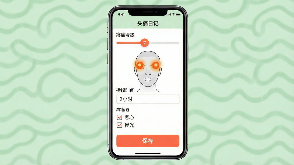 一张展示头痛日记快速记录功能的界面截图风格示意图,画面主体为手机屏幕内的记录表单,表单包含疼痛等级滑动条显示数字7、头部示意图上太阳穴位置被高亮标记、持续时间输入框显示2小时、症状勾选框中有恶心和畏光被选中,屏幕下方有醒目的保存按钮,背景为柔和的浅绿色,整体布局清晰有序,风格简洁实用,画质干净,无多余装饰元素