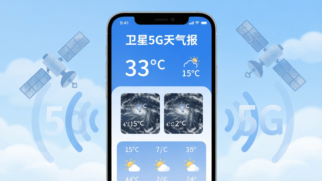 画面中央放置一部竖屏智能手机,屏幕内展示蓝白色调的天气信息界面,顶部有醒目的“卫星5G天气报”字样,界面包含温度数字、卫星云图缩略块与未来几日天气图标;手机两侧漂浮半透明的卫星轮廓与5G信号波纹图形,背景为浅蓝色渐变天空与柔和云层;整体采用扁平化科技插画风格,细节干净利落,构图居中对称,画质清晰明亮,无多余装饰元素