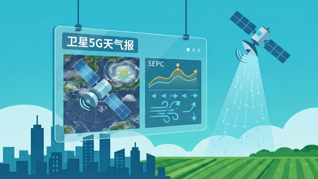 画面主体为一块悬浮的透明数据面板,面板上显示“卫星5G天气报”文字标识与卫星云图、温度曲线、风力箭头等图形元素;面板下方是城市剪影与绿色田野,天空中一颗人造卫星向地面投射淡蓝色数据光束;整体为科技感扁平插画,蓝青配色,布局上实下虚,细节简洁,画质干净,无杂乱元素