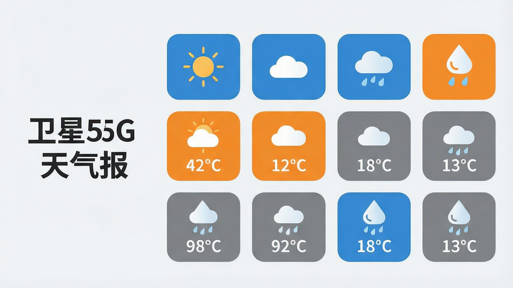 画面为一张横向展开的天气趋势信息图,左侧写有“卫星5G天气报”标题,右侧依次排列多列日期卡片,每列包含太阳、云朵、雨滴图标与温度数字;背景为浅灰白底色,卡片采用圆角矩形,配色以蓝、橙、灰为主;整体排版整齐,风格清新简约,细节清晰,画质干净,无多余元素