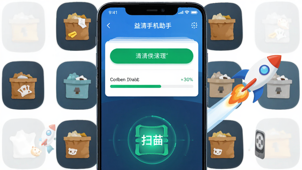 主体为一部安卓手机屏幕显示益清手机助手清理界面,布局为手机居中、周围环绕缓存垃圾图标与加速火箭元素,排版采用上下分层结构,风格为清爽扁平化科技风,细节包含绿色清理按钮、存储空间进度条、扫描动画光效,画质高清干净无多余元素