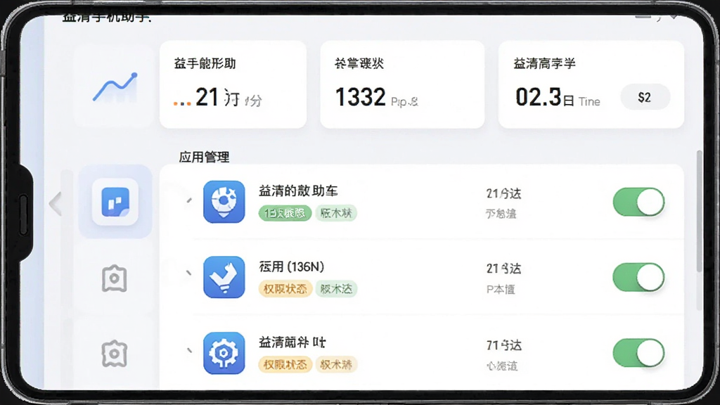 主体为益清手机助手自启动管理页面,布局为顶部统计卡片加下方应用列表,排版采用纵向滚动式布局,风格为浅色商务简约风,细节包含应用图标、开关控件、权限状态标签,画质高清干净无多余元素