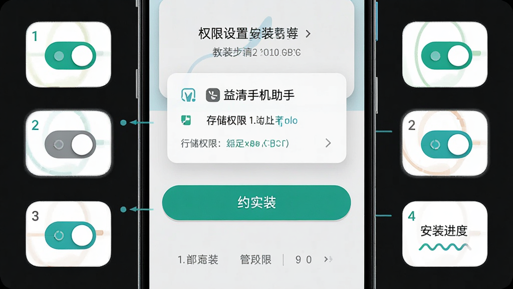 主体为益清手机助手在安卓手机上的权限设置与安装引导界面,布局为手机屏幕特写居中、周围环绕权限开关图标与安装进度提示,排版简洁明了,风格为清新浅色教程风,细节包含存储权限弹窗、安装按钮、步骤序号标识,画质高清干净无多余元素