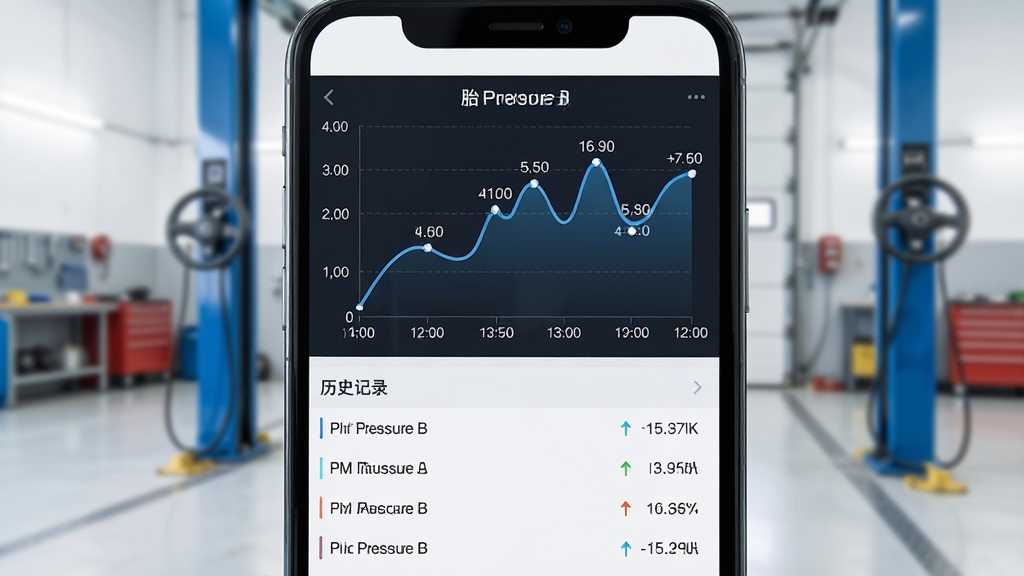 手机屏幕中展示一条胎压变化折线图,图表下方列出历史记录列表,背景为浅色汽车维修车间,布局为图表居上、列表居下,风格为数据可视化界面,细节包含时间轴、压力数值刻度、曲线波动,画质高清干净无多余元素