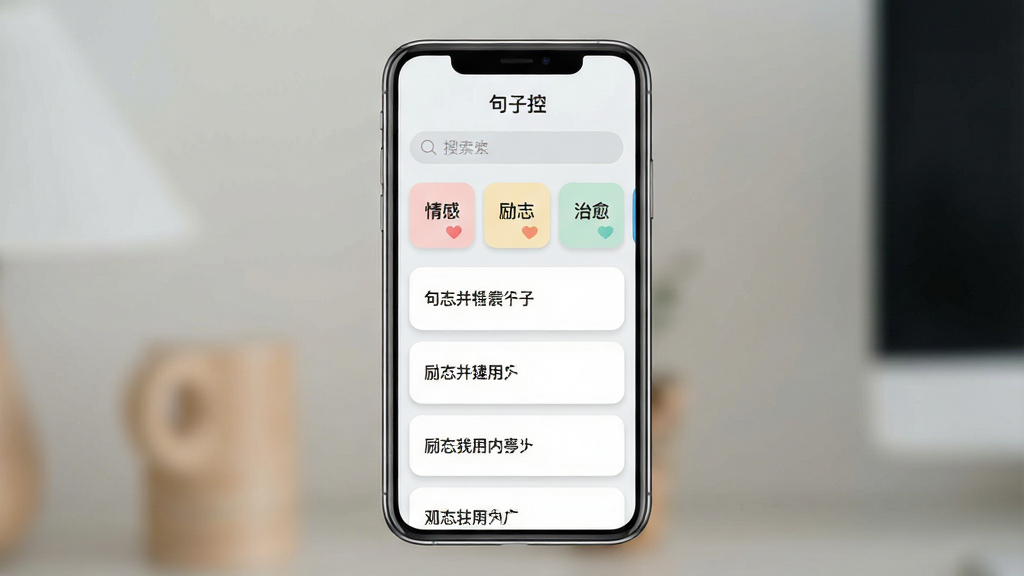 一张手机应用界面展示图,画面中央是一部竖屏智能手机,屏幕上显示“句子控”应用的主页,页面顶部有搜索框,下方是分类卡片如“情感”“励志”“治愈”,中间区域排列着多条句子卡片,整体布局干净整洁,风格为清新浅色扁平化设计,细节包括圆角卡片、浅灰背景、柔和阴影,画质清晰,干净无多余元素