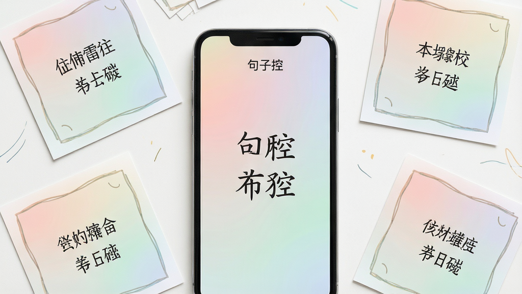 一张展示“句子控”句子卡片生成功能的场景图,画面中央是一部手机,屏幕上显示一句文字配以渐变背景和文艺字体排版,手机旁边散落着几张已生成的方形文字卡片,布局为居中手机加卡片环绕,风格为清新文艺风,细节包括卡片上的中文句子文字、柔和色彩过渡和简洁装饰线条,画质清晰,干净无多余元素