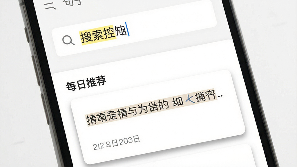 一张表现“句子控”搜索与每日推荐功能的界面图,画面为手机屏幕特写,上半部分显示搜索框和输入的关键词,下半部分显示“每日推荐”卡片区域,卡片上有一句精选文字和日期标识,布局为上下结构,风格为素雅极简风,细节包括搜索图标、关键词高亮和卡片阴影,画质清晰,干净无多余元素