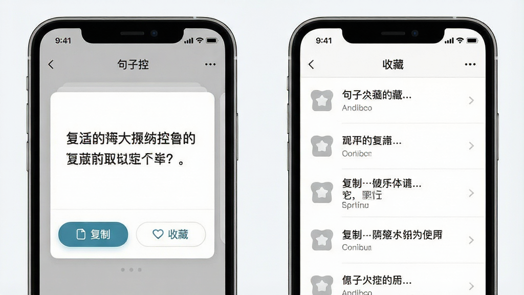一张表现“句子控”复制收藏功能的示意图,画面左侧是手机屏幕显示一条句子卡片和“复制”“收藏”两个按钮,右侧是展开的收藏夹列表界面,布局为左右并列的双手机展示,风格为简约商务浅色系,细节包括按钮高亮状态、收藏夹图标和句子缩略文字,画质清晰,干净无多余元素