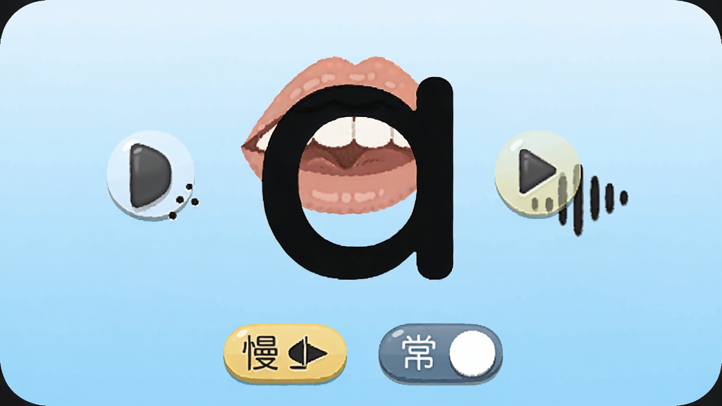 拼音宝软件界面截图风格插画,画面中心是一个大号拼音字母“a”的发音口型示意图,旁边有播放按钮和声波图标,下方有慢速和常速切换按钮,背景为浅蓝色渐变,风格简洁明快,画质清晰,干净无多余元素