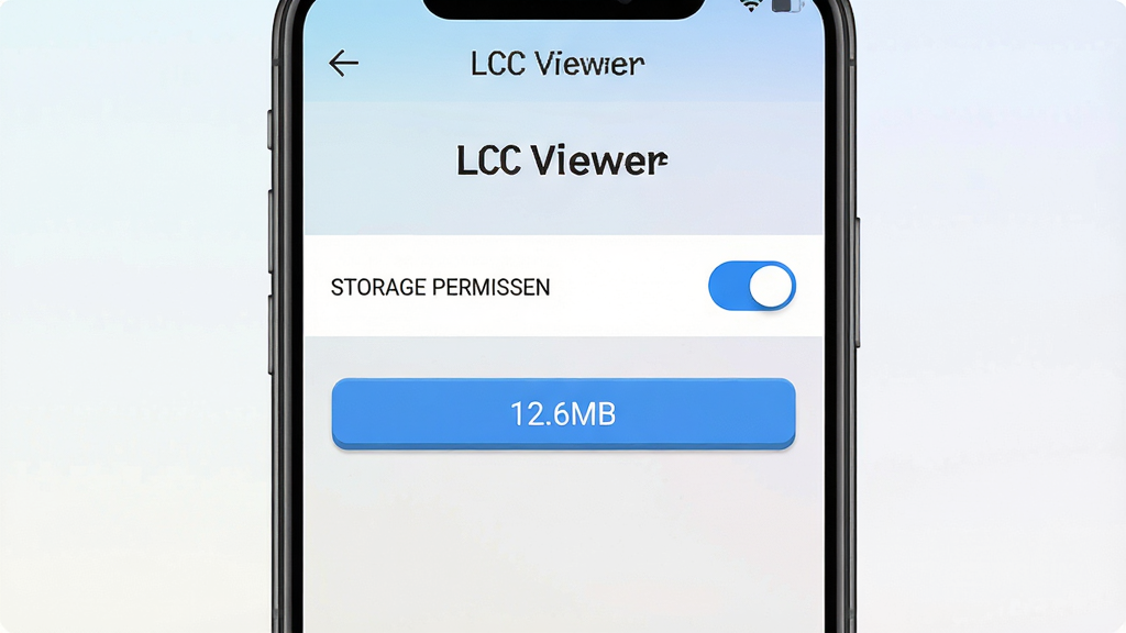 主体为一部手机屏幕特写,显示LCC Viewer应用信息设置页面,页面中有存储权限开关与缓存清理按钮,界面文字包含“LCC Viewer”;布局为手机竖屏居中,背景为浅色渐变;排版突出设置项与按钮;风格为手机系统界面写实风;细节上权限开关呈蓝色开启状态,缓存大小显示为“12.6MB”,按钮有轻微立体感;画质清晰,画面干净无多余元素