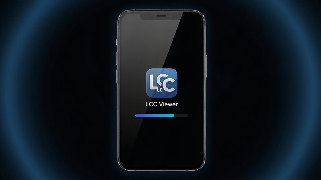主体为一部竖屏智能手机,屏幕显示LCC Viewer启动画面,中央是软件图标与加载进度条,图标下方写有“LCC Viewer”字样;布局为手机居中放置于深色背景中,四周有微弱的蓝色光晕环绕;排版简洁,突出手机与屏幕内容;风格为极简科技感;细节上手机边框金属质感明显,屏幕玻璃有细腻反光,进度条呈现渐变蓝色;画质清晰锐利,画面干净无杂乱元素
