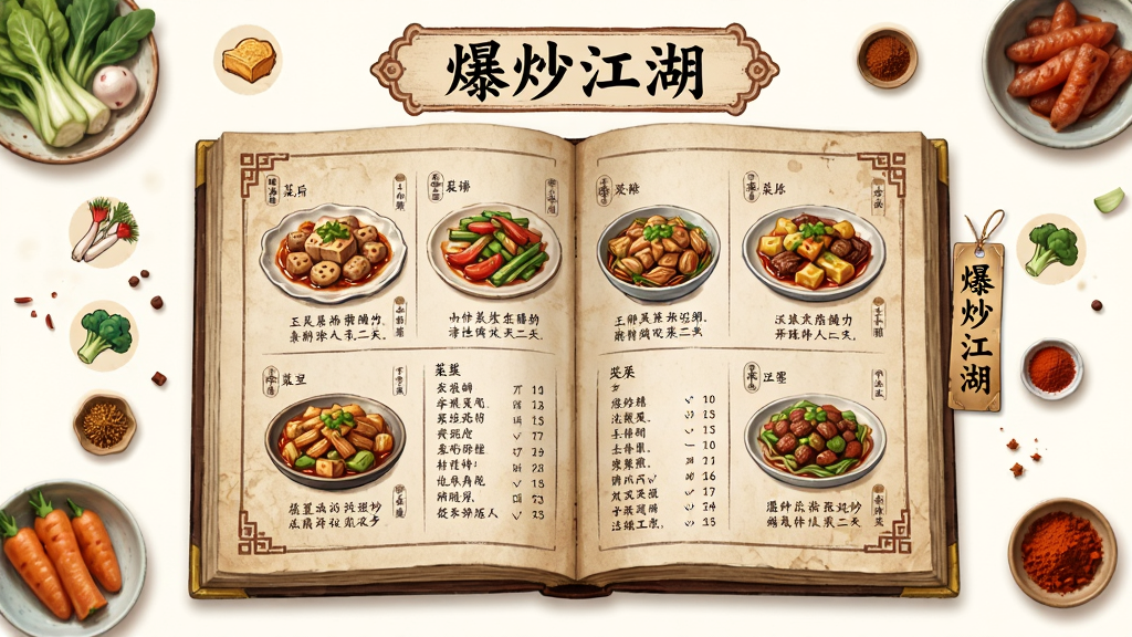画面主体为一本摊开的古风菜谱图鉴,书页上绘制着多道精致菜肴插图与文字标注,周围散落着食材与调料小图标,布局采用居中对称构图,上方为图鉴标题区域下方为菜谱条目网格,风格为手绘国风插画,细节包括菜谱纸张纹理、菜品色彩层次与装饰花纹,画质细腻干净,画面中带有“爆炒江湖”字样的书签装饰,整体无多余元素