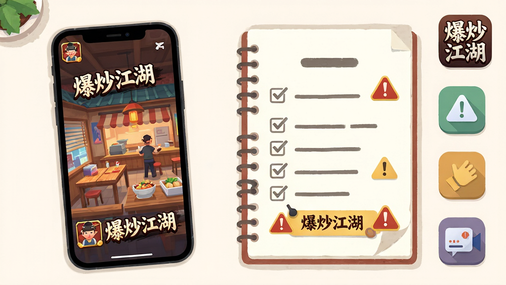 画面主体为一部智能手机屏幕显示“爆炒江湖”游戏主界面,旁边放置着攻略笔记与提示标签,布局采用桌面俯视构图,左侧为手机右侧为笔记与图标元素,风格为清新扁平插画,细节包括屏幕上的餐厅场景、笔记上的勾选清单与警示标记,画质干净明亮,画面中带有“爆炒江湖”字样的图标,无多余元素