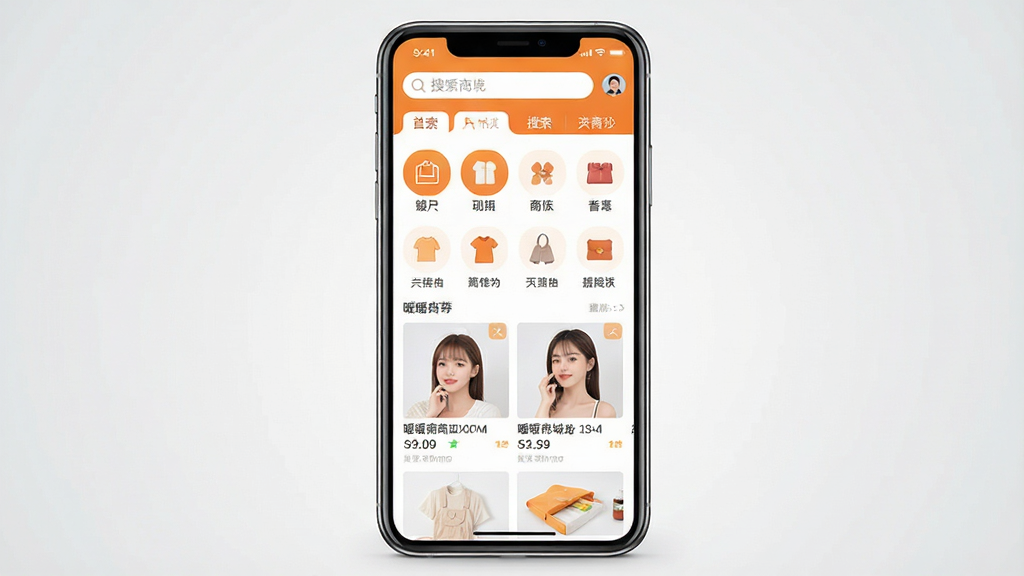 一张展示暖暖商城手机应用界面的整体预览图,画面中央为一部竖屏智能手机,屏幕中显示暖暖商城首页,包含顶部搜索栏、中部商品分类图标和下方商品推荐列表,界面配色以暖橙色和白色为主,风格清新简洁,背景为浅灰色渐变,整体布局干净有序,画质清晰,无多余元素