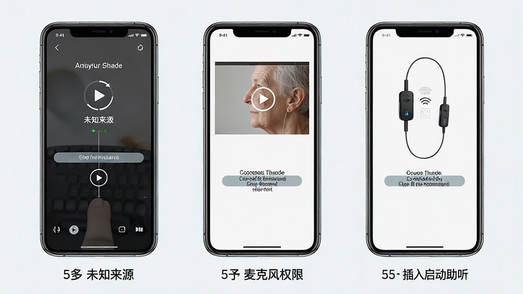 一张展示随身助听安装与权限设置流程的手机界面示意图,画面为三部手机并排,分别显示允许安装未知来源、授予麦克风权限、插入耳机启动助听三个步骤,每部手机下方配有简短步骤标识,风格简洁清晰,浅色背景,布局横向排列,细节明确,画质高清,画面干净