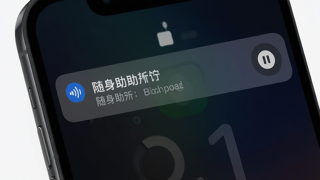 一张展示随身助听后台运行状态的手机截图风格生图,画面为手机锁屏界面与通知栏特写,通知栏显示随身助听正在运行的提示条,配有暂停按钮,背景为深色渐变,风格现代简洁,布局突出通知栏区域,细节清晰,画质高清,无多余元素