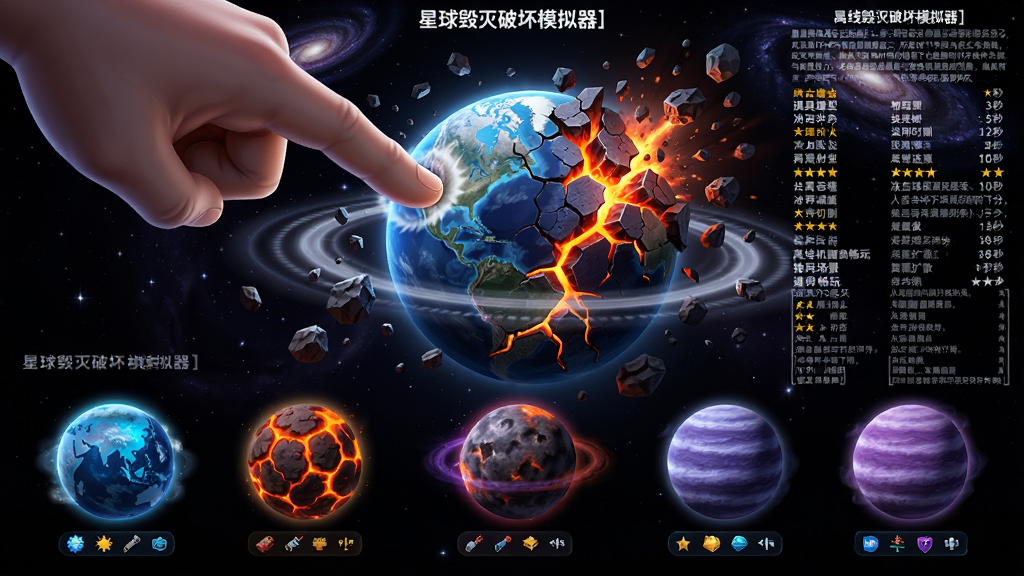 主体为一颗悬浮在深空中的蓝色星球,表面布满裂纹与爆炸火光,前景有一只巨大的虚拟手指正在点击星球表面,布局为星球居中偏右、手指从左上方伸入画面,排版采用竖版构图突出星球与手指互动,风格为科幻卡通渲染,细节包含飞散的岩石碎块、环形冲击波、背景点缀遥远星系与紫色星云,画质高清、干净、无多余元素,画面中悬浮文字