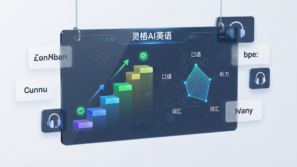 画面主体为一块悬浮的透明数据面板,面板上展示“灵格AI英语”的学习路径图谱,包含阶梯状进度条与能力雷达图;布局为面板居中,周围环绕英语单词卡片与听力图标;排版层次分明,信息可视化程度高;风格为科技感数据可视化风格;细节上路径节点有完成标记,雷达图显示口语、听力、词汇等维度;画质高清,画面干净,无多余装饰元素