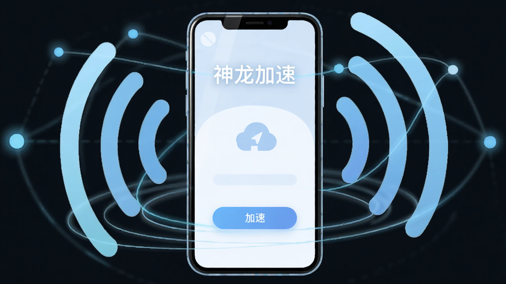 主体为一部智能手机居中放置,屏幕内展示简洁的加速器应用界面,上方有