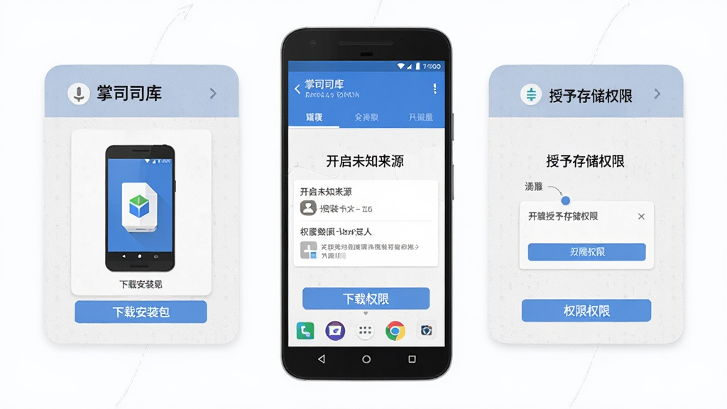 一部安卓手机展示“掌上司库”安装与权限设置流程界面,画面分为三个步骤卡片,分别为下载安装包、开启未知来源、授予存储权限,整体采用浅灰质感扁平风格,布局规整,画质清晰,无多余元素