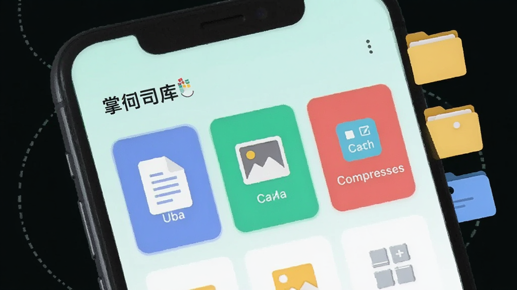 一部手机屏幕中展示“掌上司库”的多格式文件管理界面,文档、图片、压缩包以彩色卡片形式分区排列,旁边搭配文件夹与标签图标,背景为淡青色简洁风格,扁平插画,画质干净清晰,无杂乱元素