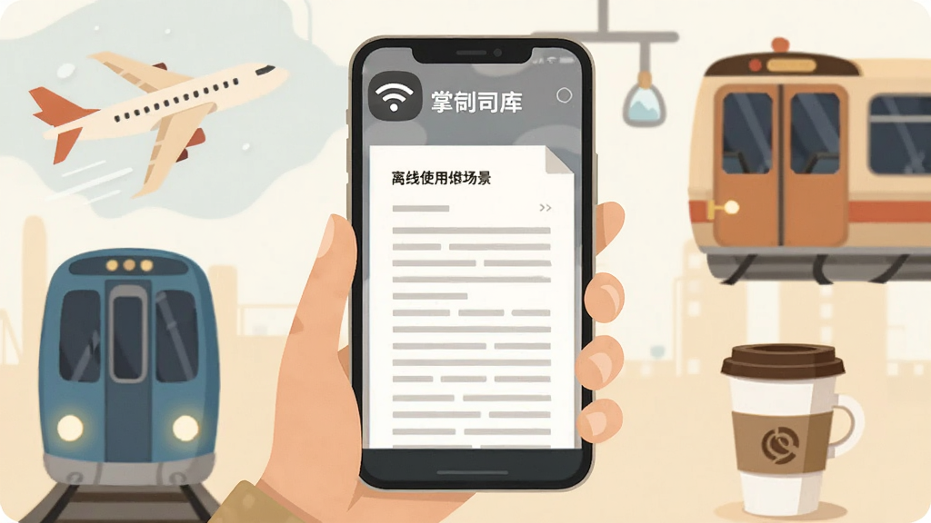 画面表现“掌上司库”离线使用场景,一部手机在无网络标识下依然打开文档阅读页,周围有飞机、地铁、咖啡杯等出行元素点缀,整体色调温暖柔和,扁平化插画风格,布局居中,画质清晰干净