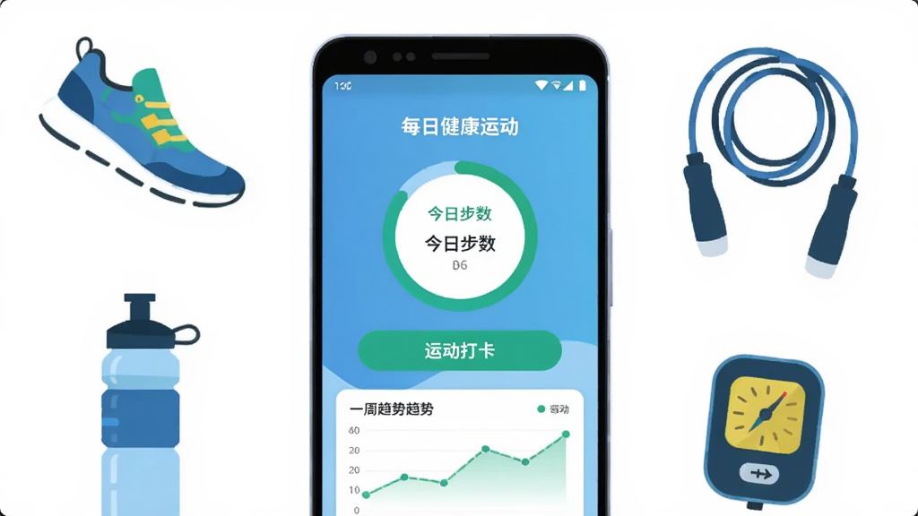 画面中央是一部竖屏安卓手机,手机屏幕上显示“每日健康运动”应用主界面,界面中有今日步数圆环、运动打卡按钮和一周趋势小图表,手机周围环绕着运动鞋、水杯、跳绳和计步器图标,整体采用扁平插画风格,色调清爽以蓝绿为主,背景干净留白,画质清晰,无多余元素