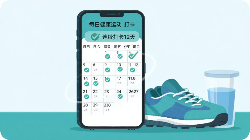 一部手机屏幕显示“每日健康运动”的打卡日历页面,日历上多个日期带有绿色对勾标记,旁边有“连续打卡12天”字样,手机旁放着一双运动鞋和一杯水,扁平插画风格,蓝绿色调,背景简洁,画质干净清晰