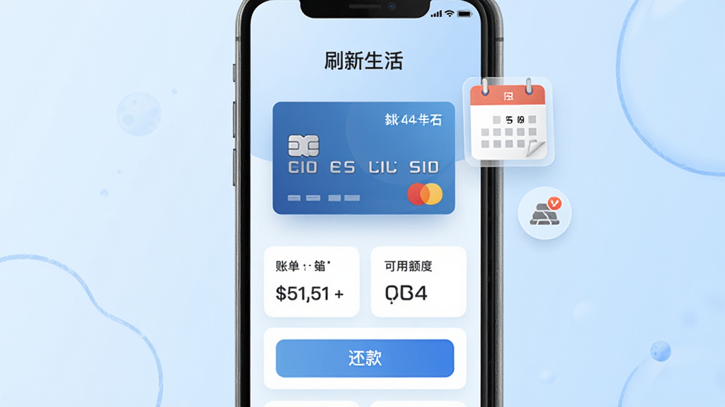 一部手机屏幕显示“刷新生活”信用卡管理界面,中央是一张蓝色信用卡卡片图案,卡片下方排列账单金额、可用额度、还款按钮等模块,界面右侧悬浮着日历与提醒图标;背景为浅蓝色渐变,风格清爽商务,布局规整,细节精致,画质清晰干净