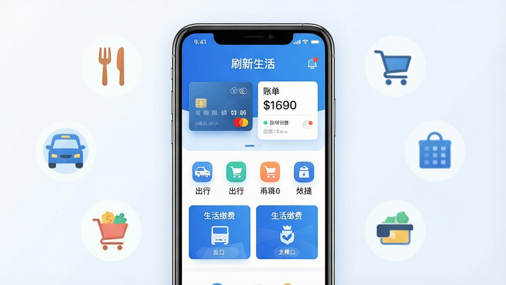 画面中央是一部竖屏智能手机,屏幕上显示蓝色调金融生活类APP首页界面,顶部有“刷新生活”字样,界面包含信用卡卡片、账单金额、快捷功能图标与生活缴费入口;手机周围以扁平化图标环绕表现餐饮、出行、购物、缴费等场景元素;整体采用蓝白渐变配色,风格简洁现代商务,布局居中对称,细节清晰干净,画质高清,无多余杂乱元素
