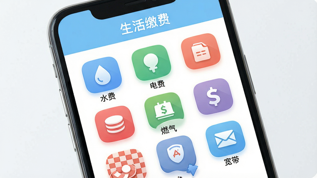 手机界面展示“刷新生活”生活缴费页面,屏幕上以九宫格图标排列水费、电费、燃气费、话费、宽带等缴费入口,界面配色为浅蓝与白色,图标圆润清晰,页面顶部有“生活缴费”标题栏;背景简洁,风格清新实用,布局整齐,画质高清无杂乱